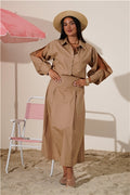 Camel Brown Cotton Set with Slit Sleeve Detail