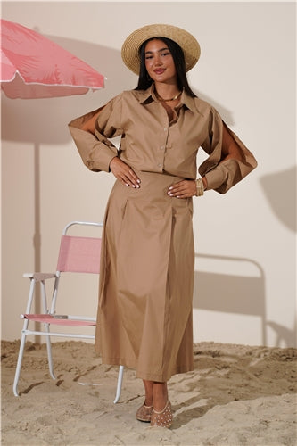 Camel Brown Cotton Set with Slit Sleeve Detail
