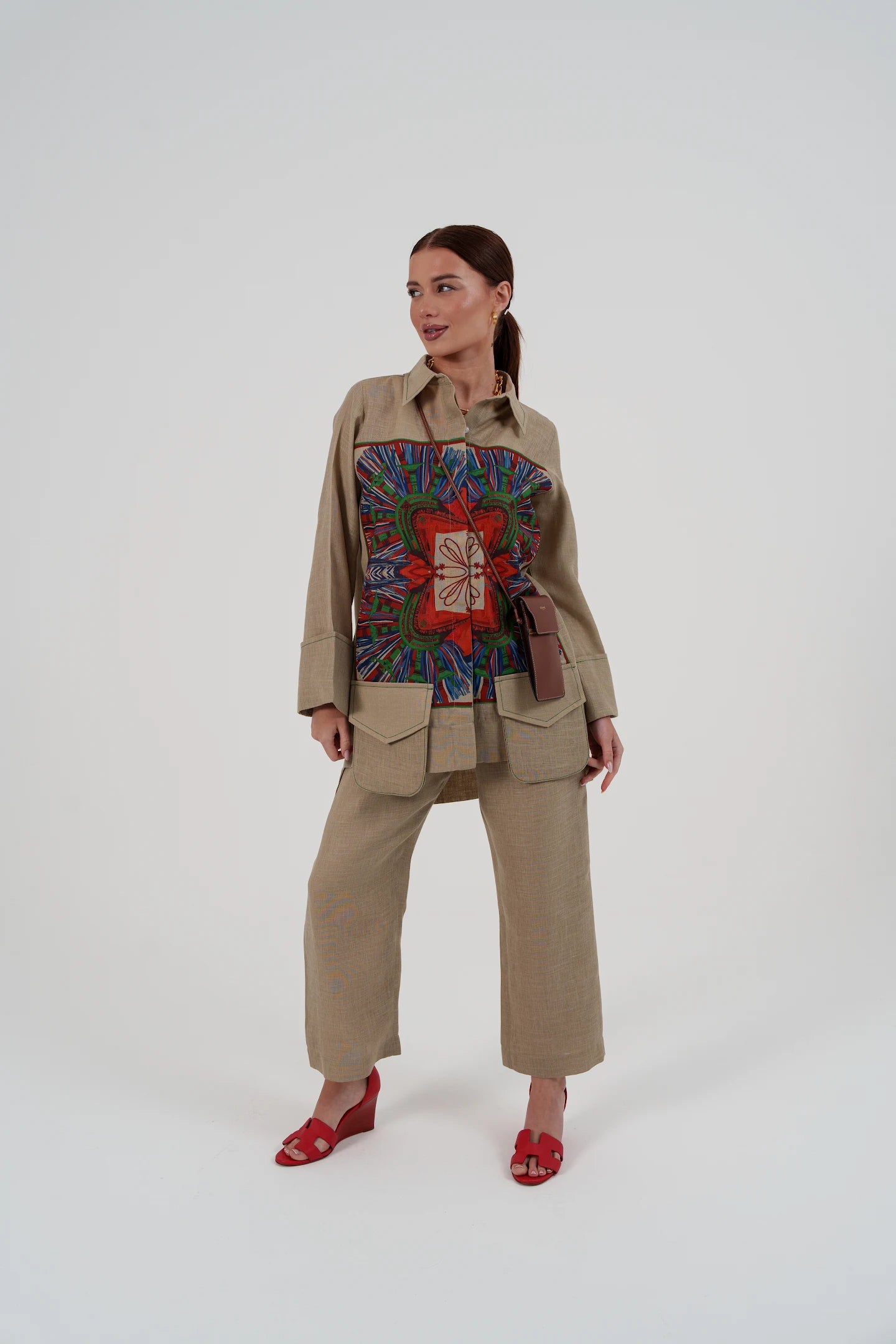 Beige Linen Set with Abstract Print