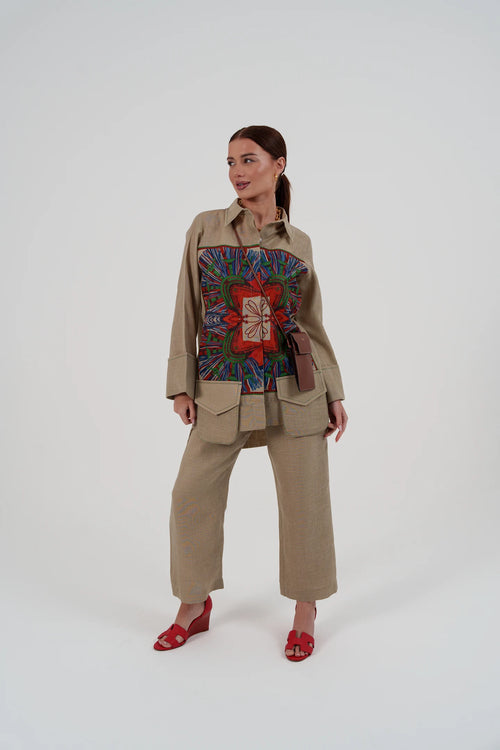 Beige Linen Set with Abstract Print