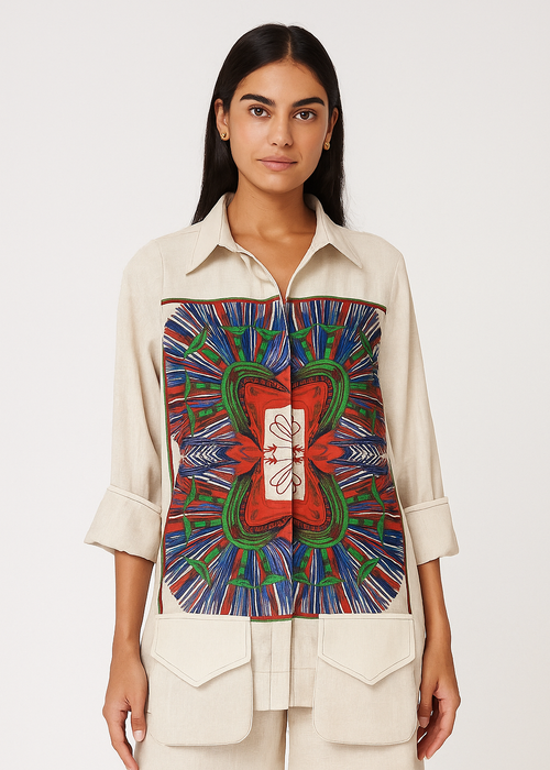 Beige Linen Set with Abstract Print