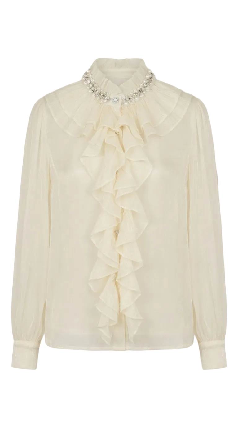 Ruffled Neckline Top with Pearl 009