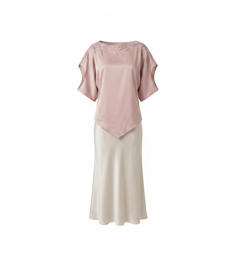 Silk Short Sleeve Top w/ Dantel & Skirt 753