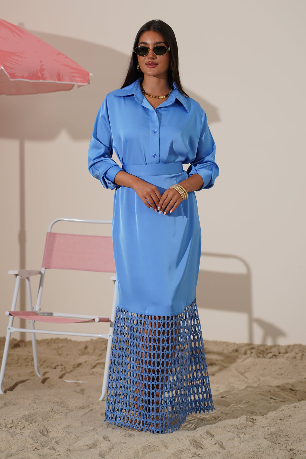 Sky Blue Satin Set with Macramé Skirt