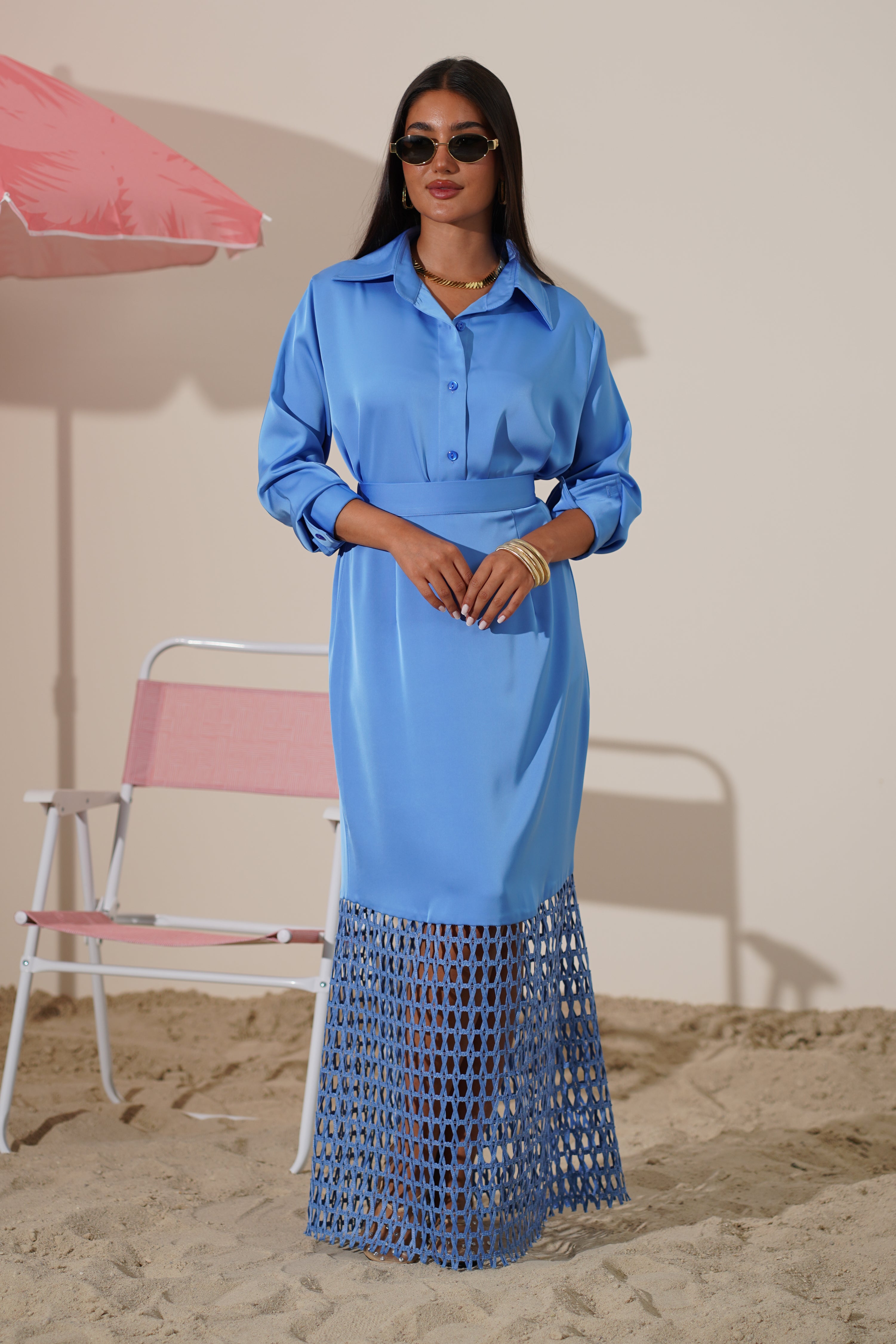 Sky Blue Satin Set with Macramé Skirt