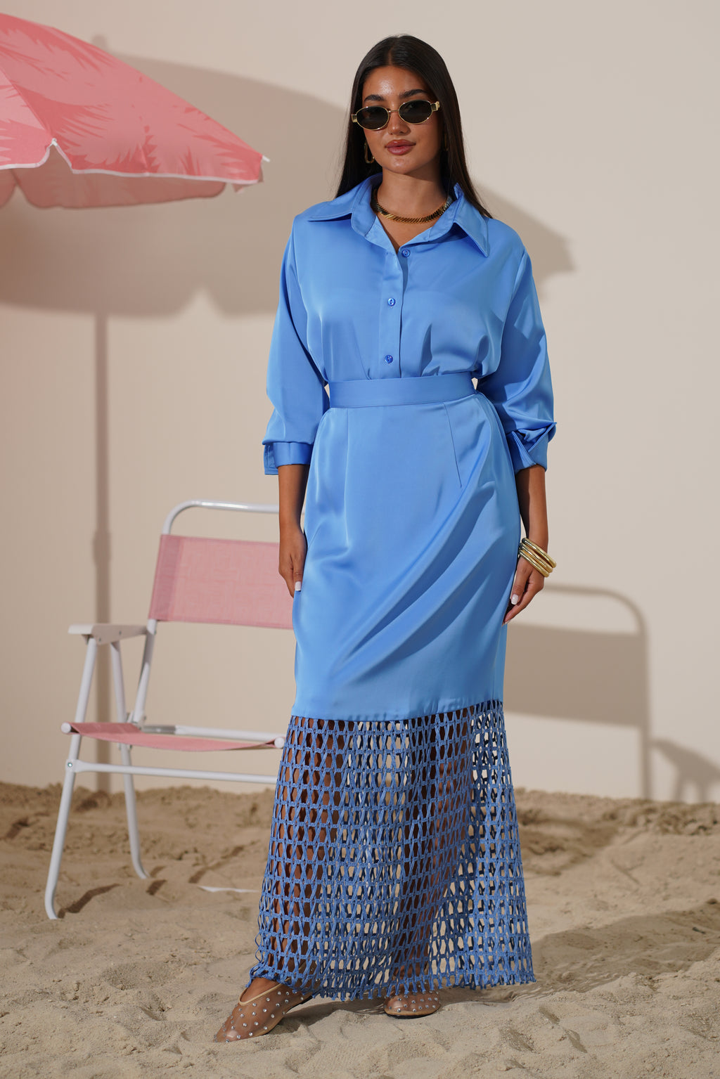Sky Blue Satin Set with Macramé Skirt