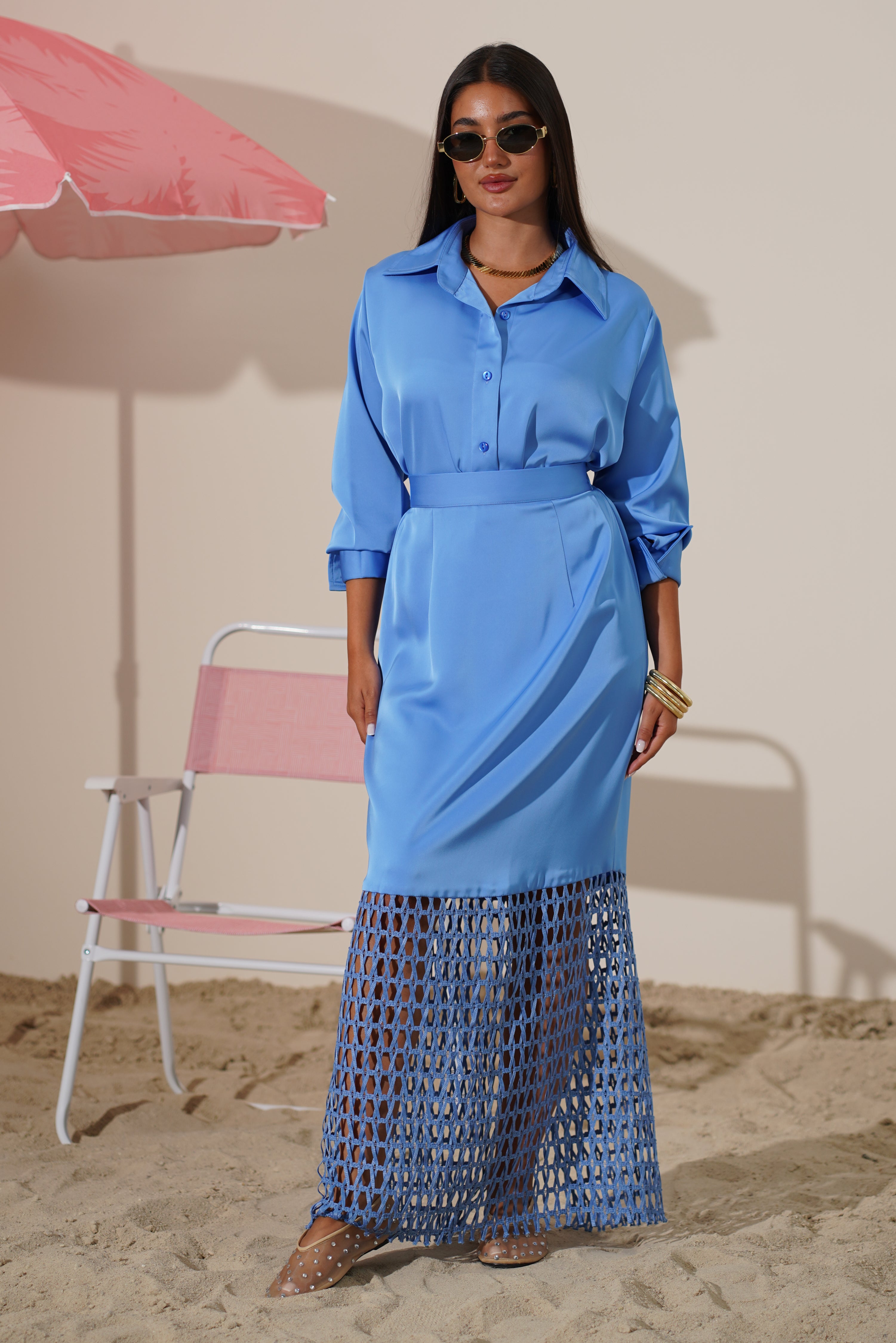 Sky Blue Satin Set with Macramé Skirt