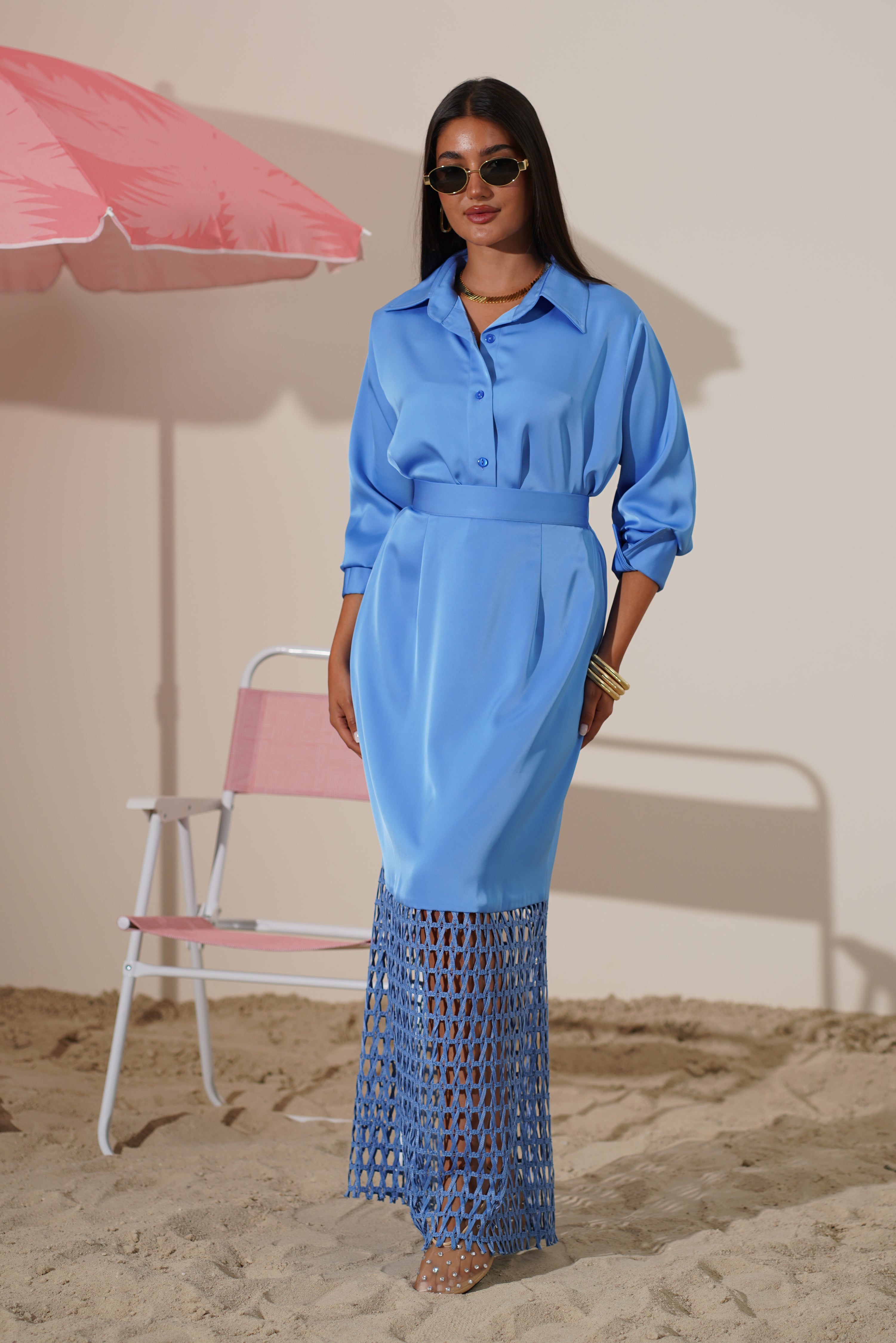 Sky Blue Satin Set with Macramé Skirt