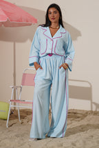 Linen Relaxed Set with Fuchsia Piping