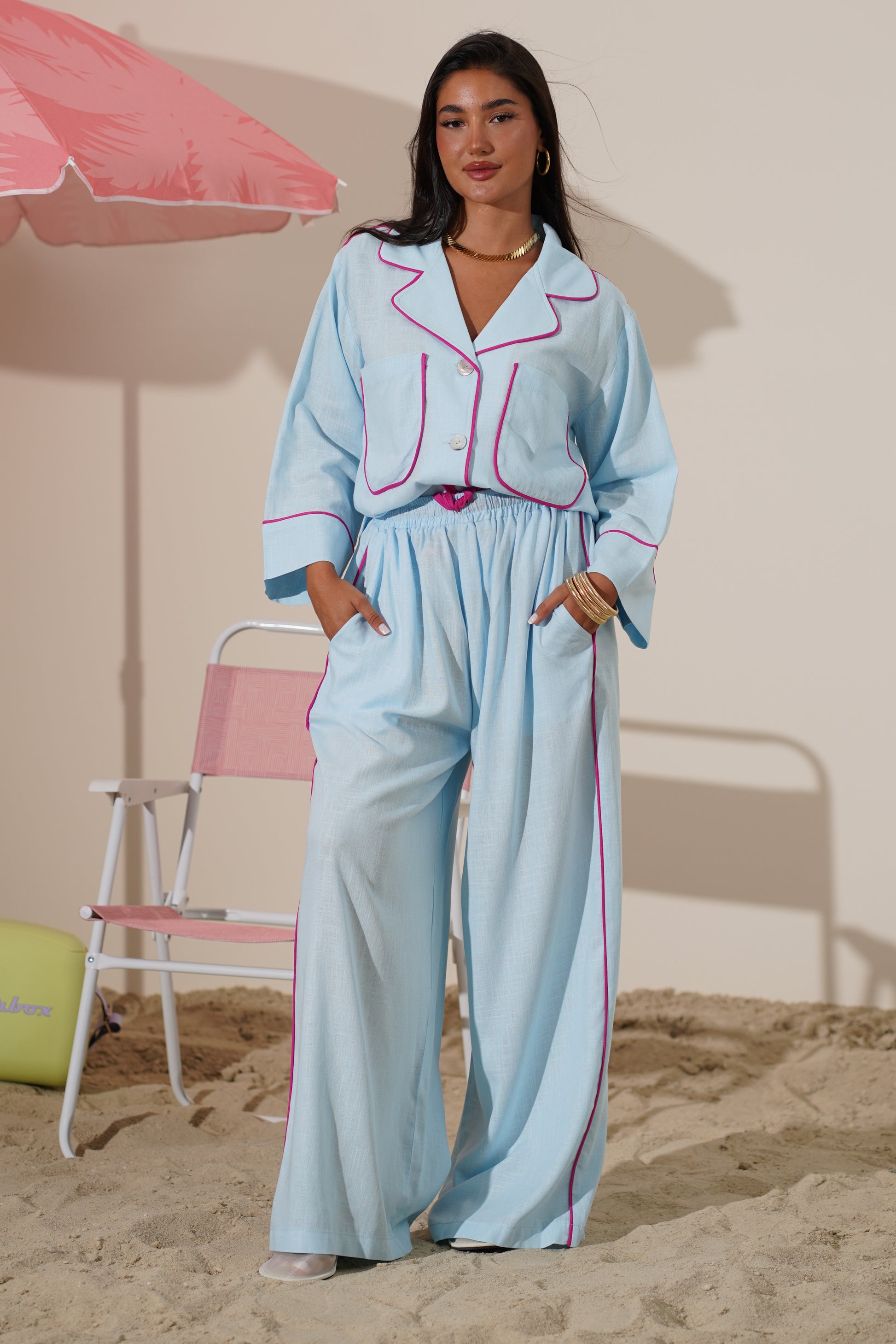 Linen Relaxed Set with Fuchsia Piping