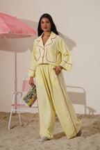 Linen Relaxed Set with Fuchsia Piping