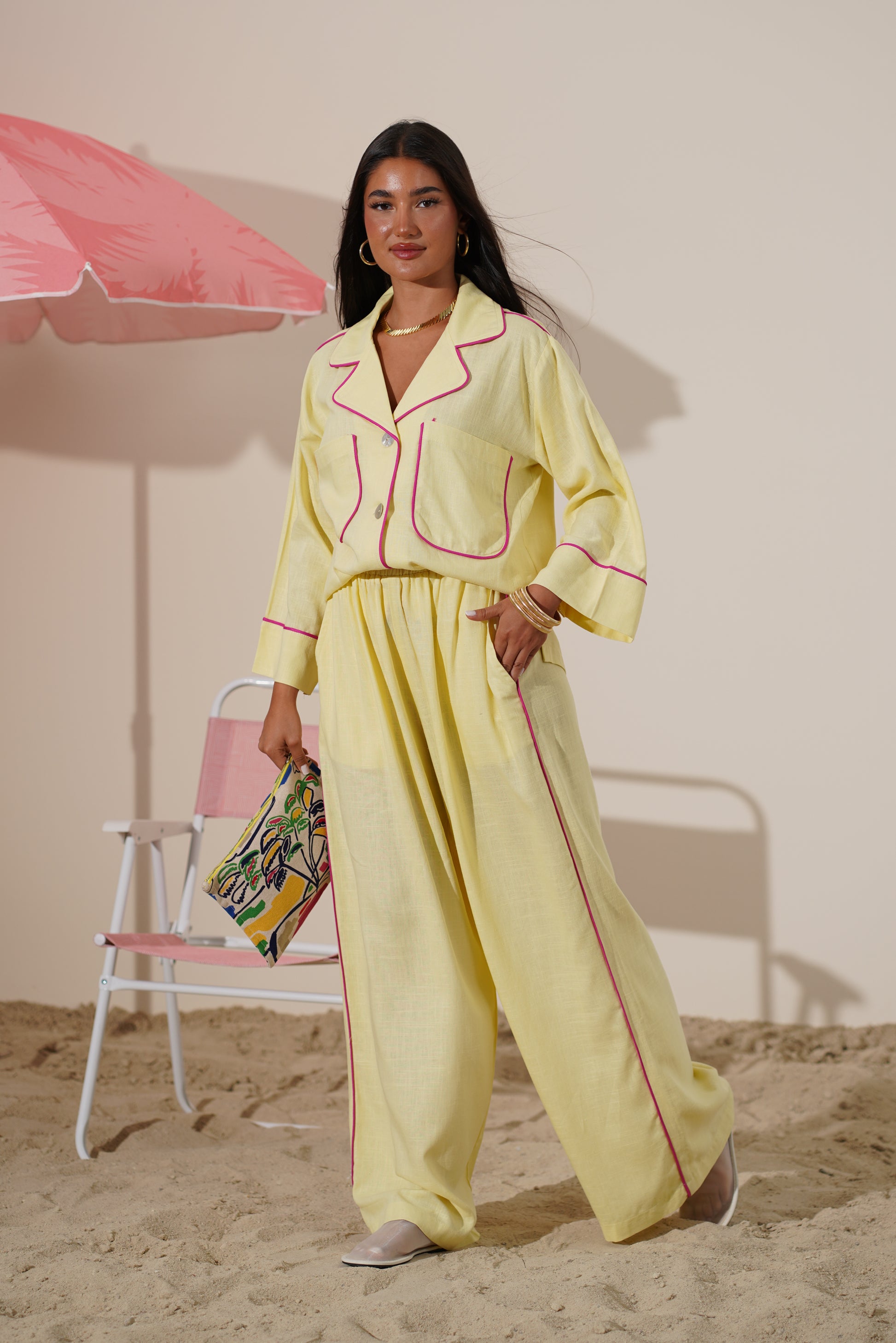 Linen Relaxed Set with Fuchsia Piping