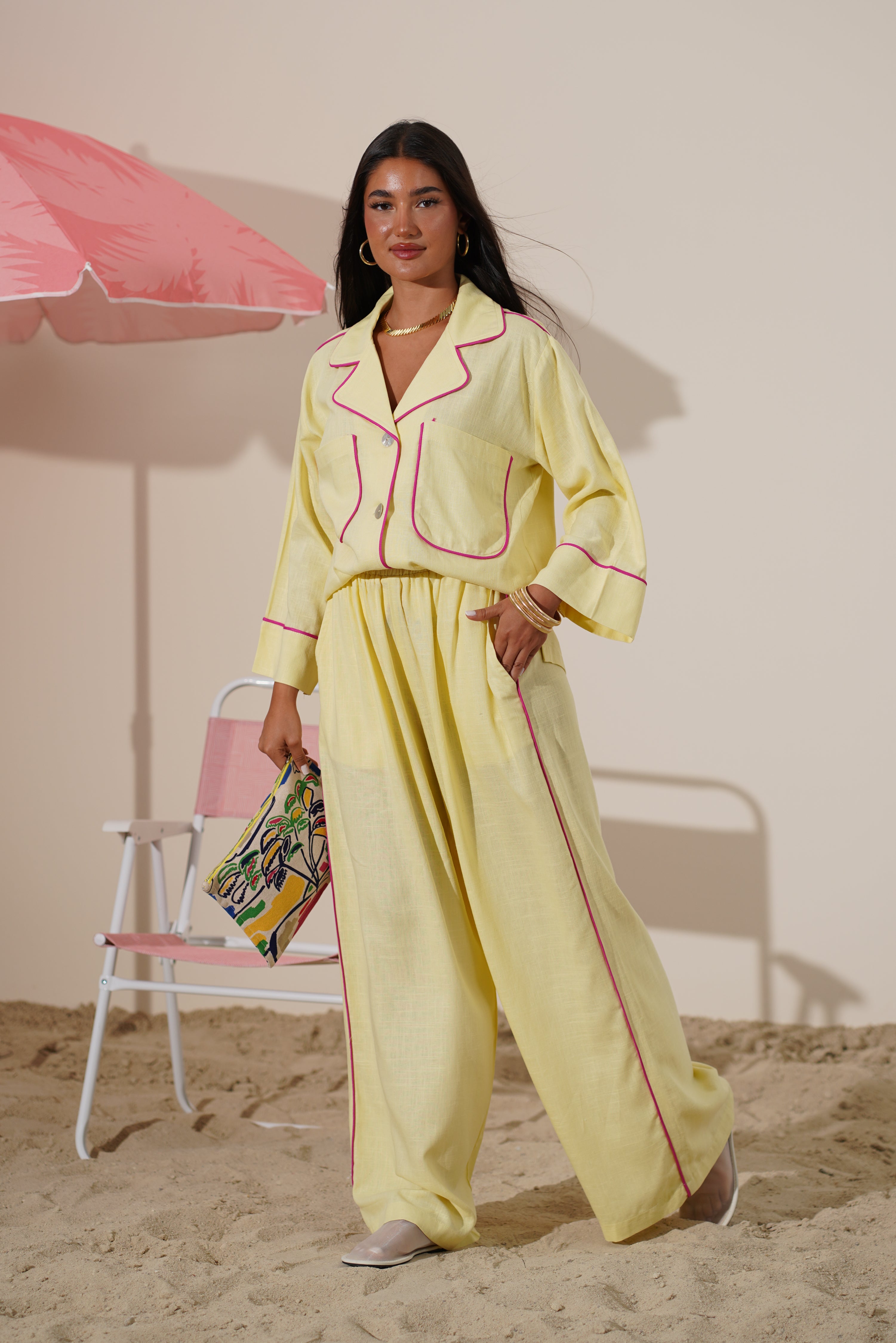 Linen Relaxed Set with Fuchsia Piping