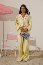 Linen Relaxed Set with Fuchsia Piping