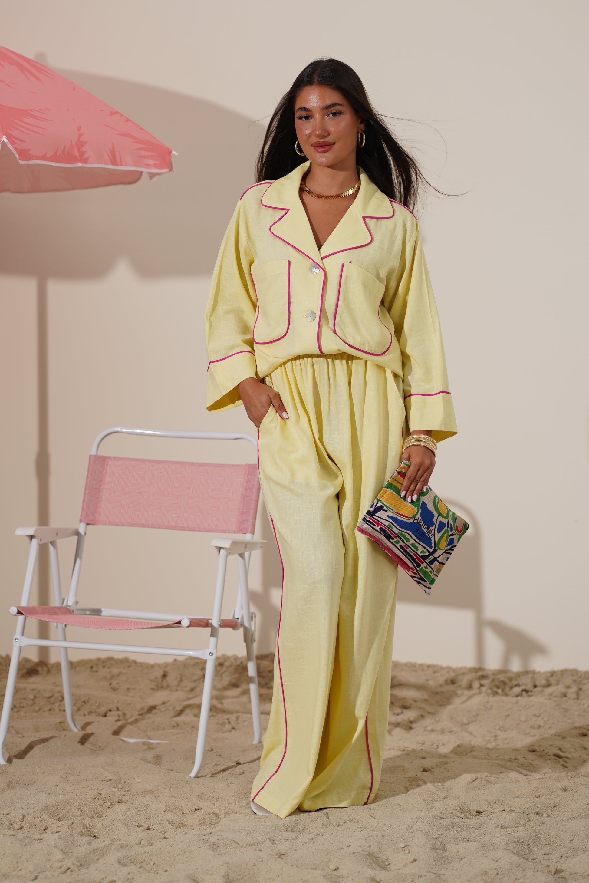 Linen Relaxed Set with Fuchsia Piping