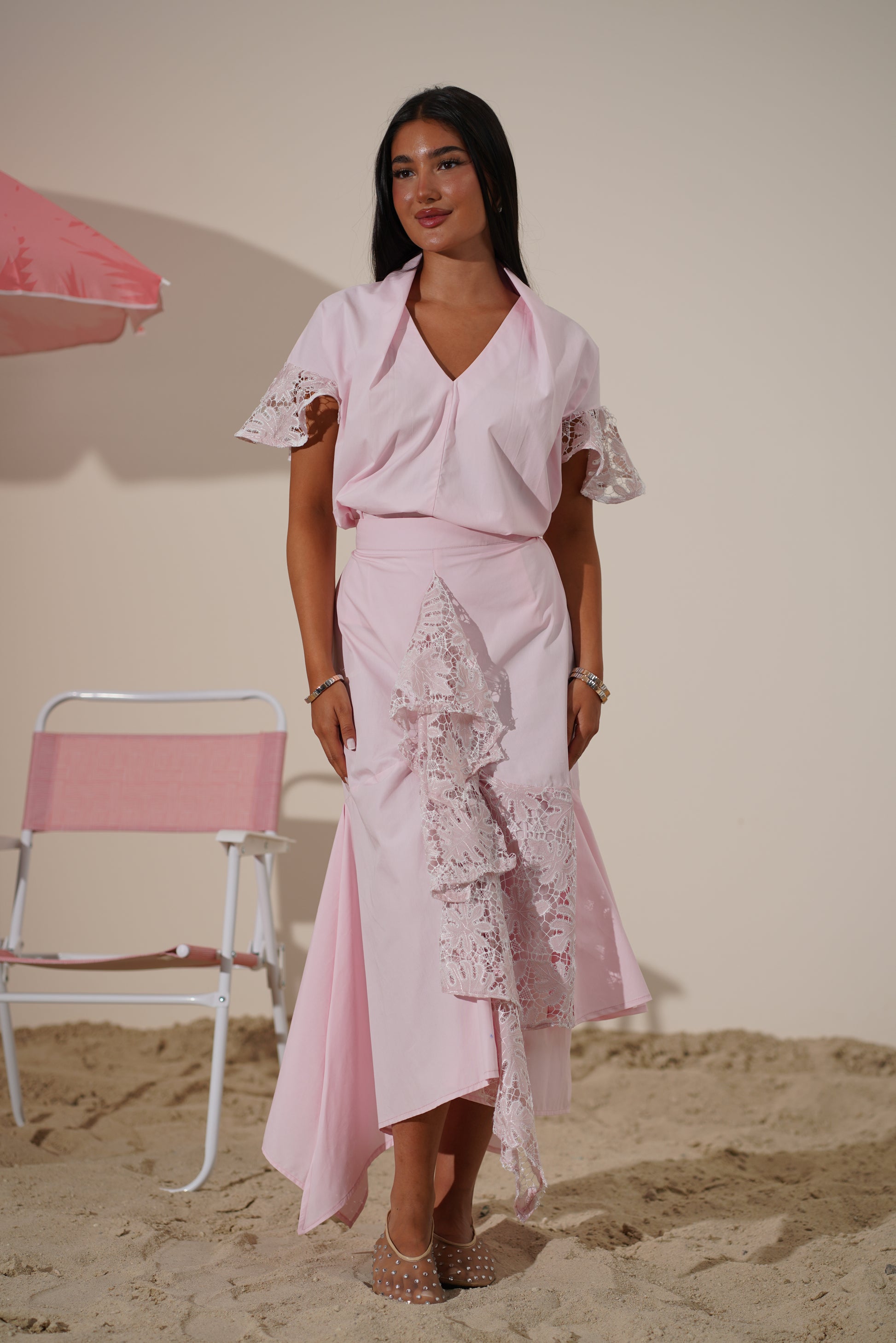 Blush Pink Cotton Set with Ruffle Detail